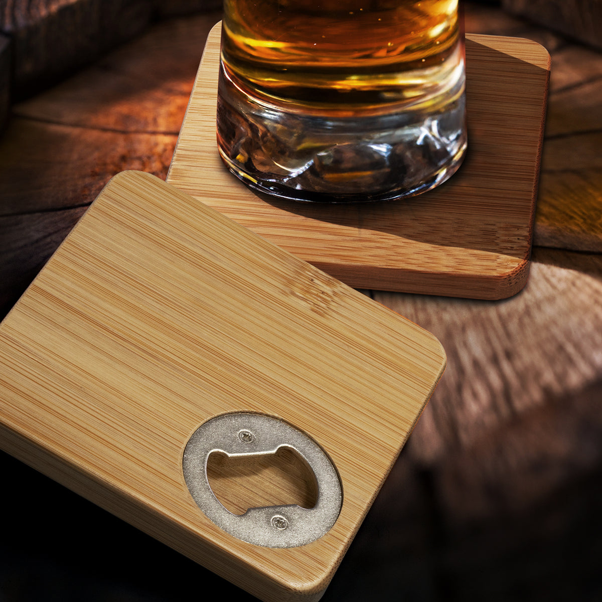 Bamboo Bottle Opener Coaster - Set of 2 - Square