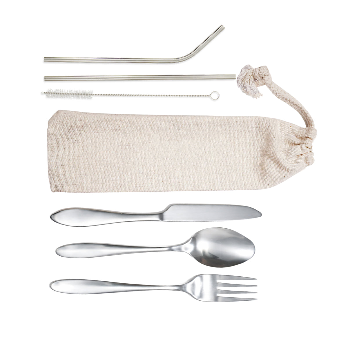 Banquet Stainless Steel Cutlery & Straw Set in Calico Pouch